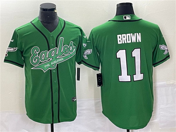 Men's Philadelphia Eagles #11 A. J. Brown Green Cool Base Baseball Stitched Jersey